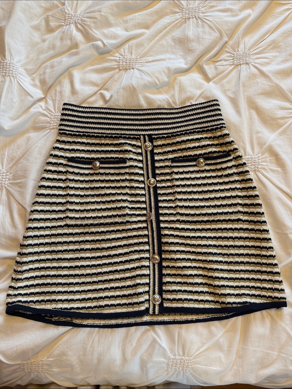 Maje Black Cream and Glittery Gold Striped Button-Front Knit Mini Skirt
